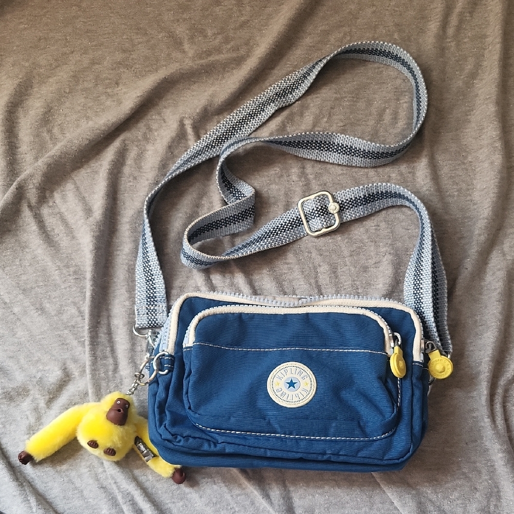 Kipling Navy Blue Crossbody/Fanny Bag with Yellow Accents and Monkey Charm